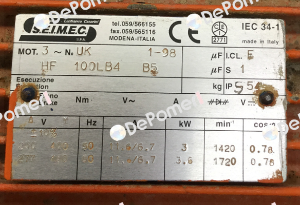 HF100LB4 B5 Obsolete! Replaced by HB3 112MA 4 230.400-50 B5  Seimec (Rossi)