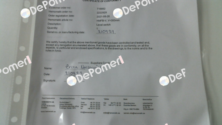 CERTIFICATE OF CONFORMITY  Hemomatik
