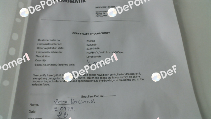 CERTIFICATE OF ORIGIN Hemomatik