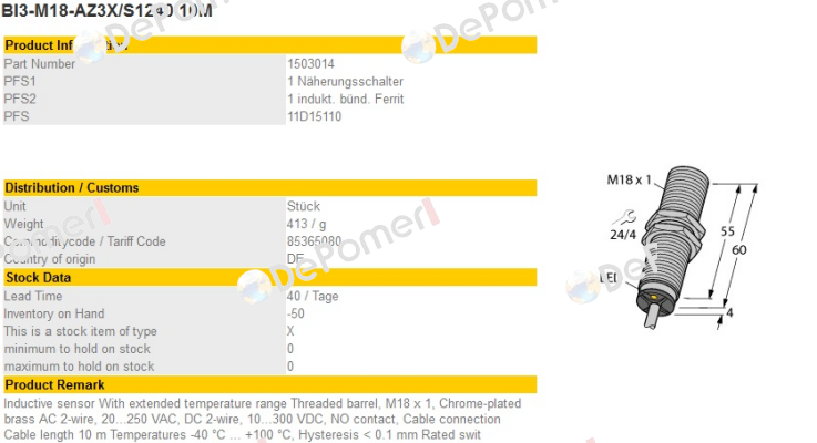 BI3-M18-AZ3X/S1240 10M Turck