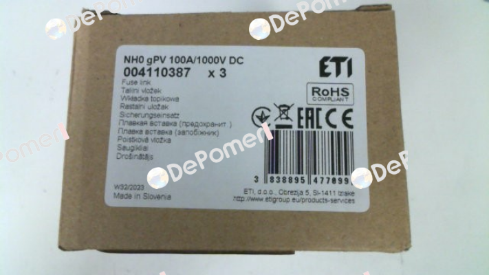 P/N: 4110387, Type: NH 0/100A DC 1000V Eti