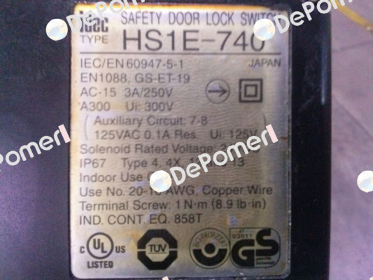 HS1E-740 SAFETY DOOR LOCK SWITCH IEC/EN 60947-5-1 - OEM Idec